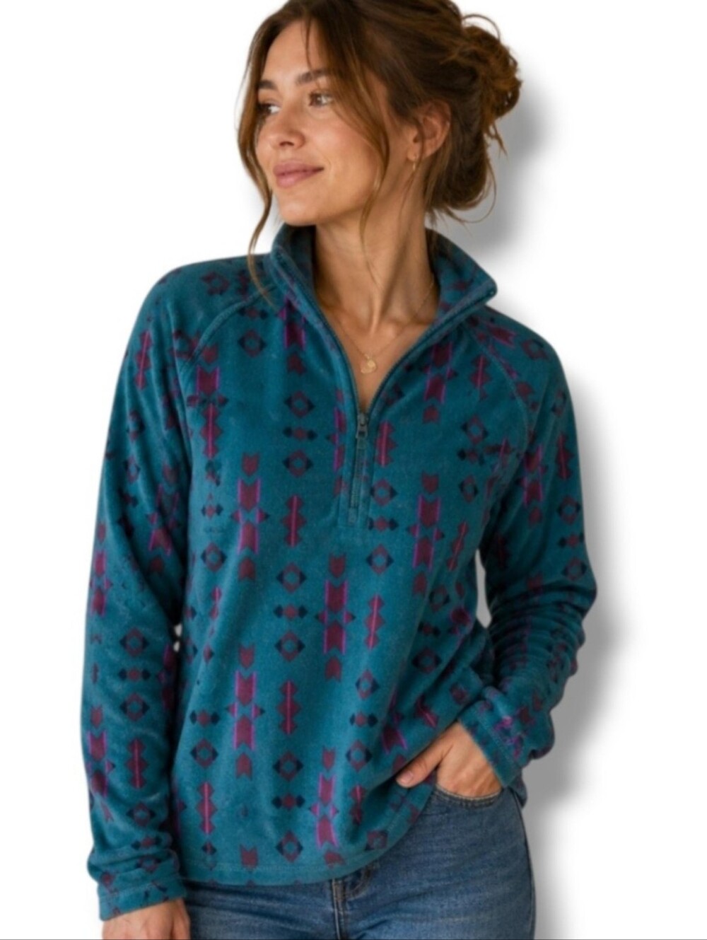 NWOT Eddie Bauer Teal Purple Aztec Print Quarter Zip Fleece Pullover Large